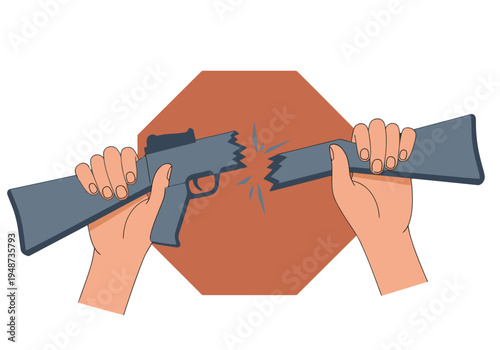 Hands shatter a broken peace sign held within a weapon. A powerful visual representing conflict and the destruction of peace. Dramatic and impactful.