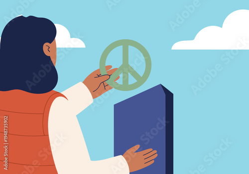 A young woman holds a peace symbol near a 'Warning: War Zone' sign, conveying a message of peace amidst conflict.  A striking visual contrast.