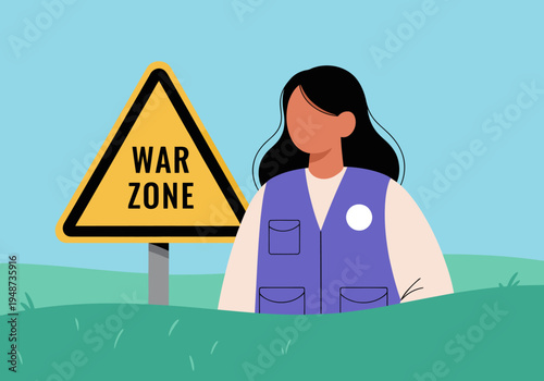 A humanitarian worker navigates a war zone, symbolized by a warning sign. The image highlights their dedication and the challenging environment. Professional, impactful, and visually clear.