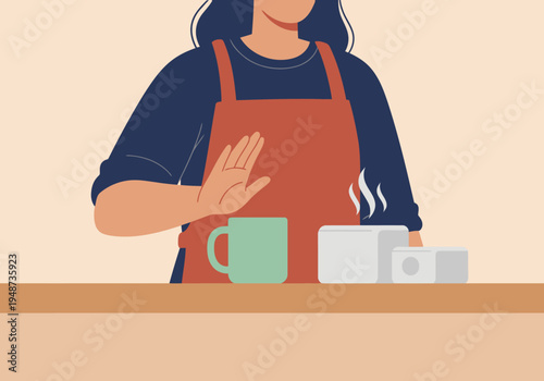 A woman in an apron blocks a hot stove with her hand, illustrating kitchen burn prevention. Clean, graphic illustration with a modern style.