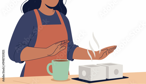 A woman in an apron reacts to hot burners, demonstrating kitchen burn prevention. Clear visual hazard warning with blocks. Professional, informative illustration.