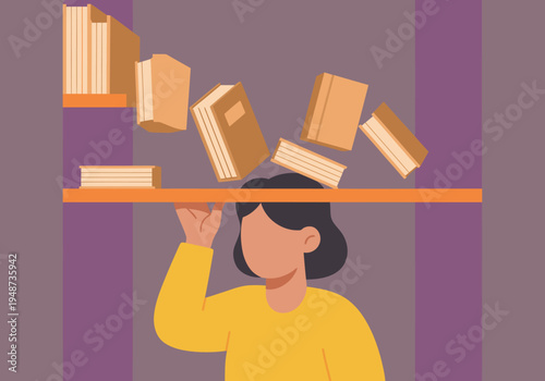 A woman inspects a precarious shelving hazard with falling books. Illustrative graphic highlighting safety concerns. Modern, minimalist style.