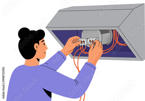 A woman installs wiring for an exhaust fan motor. Clear, focused image showcasing electrical work. Professional setting, bright colors.