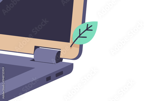 Laptop hinge with a green leaf, symbolizing sustainable office work. Modern, clean design. Ideal for digital marketing and eco-friendly concepts.