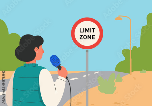 A journalist holds a microphone, observing a ?Limit Zone? sign in an outdoor setting.  Illustrative style, clear composition, suitable for media and news themes.