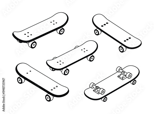 Collection of Five Isometric Skateboards in Black and White