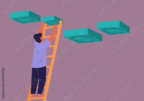 A maintenance worker safely ascends a ladder to replace a ceiling fan. Bright colors and clear composition highlight ladder safety for office maintenance.