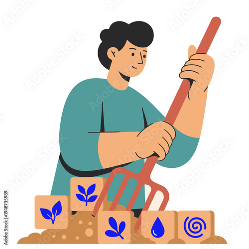 A young man aerates garden soil with a fork, showcasing a healthy planting area. Modern illustration style, earthy tones, and a focus on gardening.