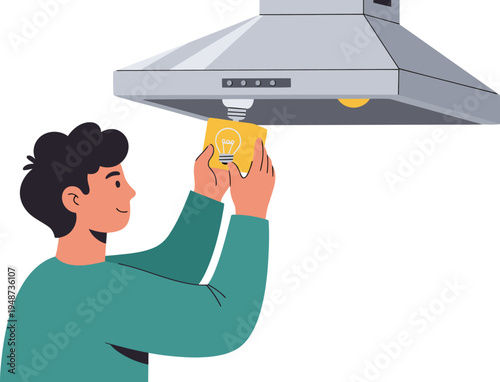A man replaces a hood light bulb. Clear, bright image for home repair tutorials. Simple, helpful visual.