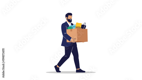 Man in a professional business suit carries a cardboard box filled with office supplies after leaving or losing his job.