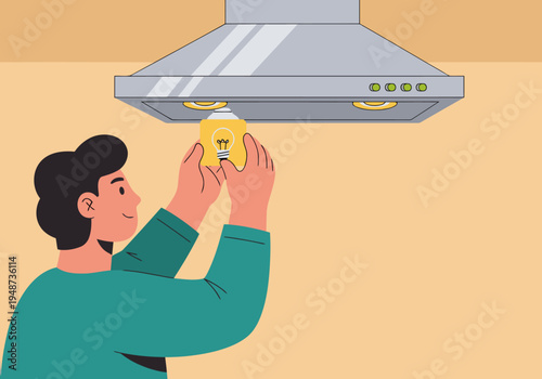 A man replaces a kitchen hood light bulb. Clear, bright image showcasing a simple repair task. Ideal for home improvement or DIY content.