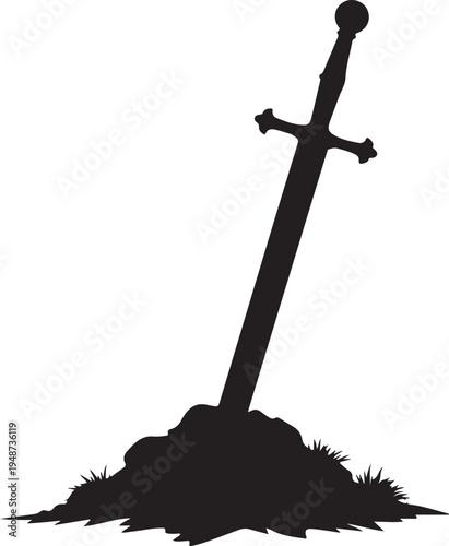 Black silhouette of a medieval sword stuck in a mound of earth