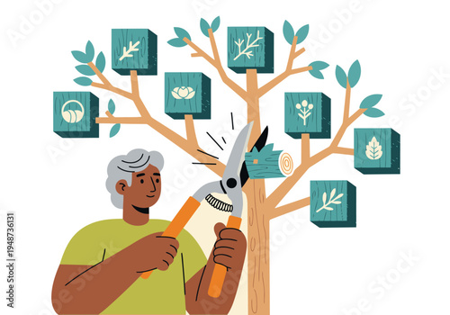 A man trims branches on a tree with pruning shears. A stylized illustration showcases garden loppers and tree care. Modern, vibrant, and informative.