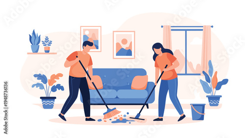 Man and woman work together to clean their living room using a broom and a mop to keep their home tidy and organized.