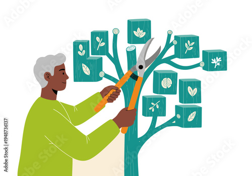 A man trims branches with loppers, showcasing a healthy tree. Clean, modern illustration with a focus on gardening and plant care. Ideal for nature, lifestyle, and gardening themes.