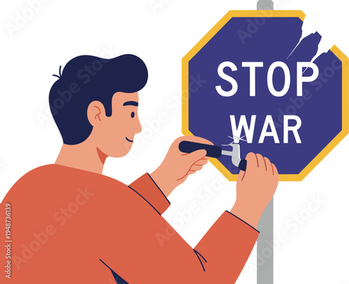 A young man repairs a 'Stop War' sign, symbolizing peace. The vibrant sign is partially broken, highlighting the need for repair and restoration. A hopeful image.