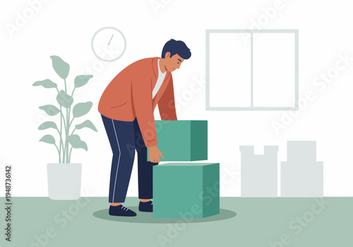 A young man struggles to lift heavy boxes at his workplace, highlighting the importance of safe lifting practices. Clear, modern illustration.