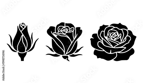 Rose Flower Stencil Icon Set Blooming Rose and Rosebud Vector Design