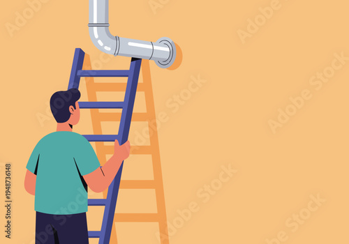 A man uses a maintenance ladder to inspect an exhaust pipe. Clean, modern illustration with a bright background. Suitable for commercial use.