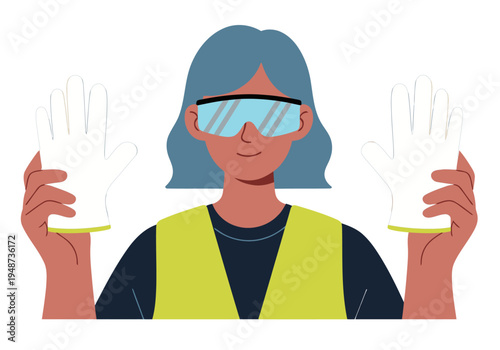 A mature woman demonstrates the use of personal protective equipment (PPE) ? gloves and safety glasses ? promoting safety awareness. Clean, modern illustration.