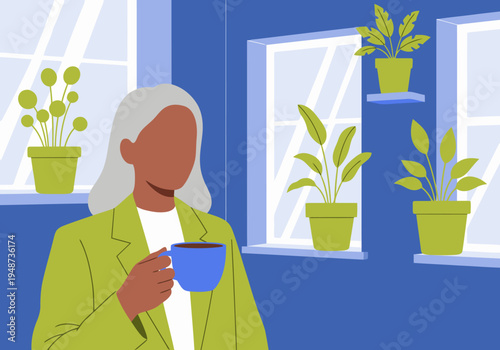 A mature woman enjoys a moment of calm at her office desk, sipping coffee amidst greenery. A serene workspace promoting wellness and productivity.