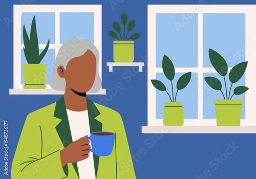 A mature woman enjoys a moment of calm in a wellness office, sipping coffee near a window filled with plants. A serene and productive workspace.