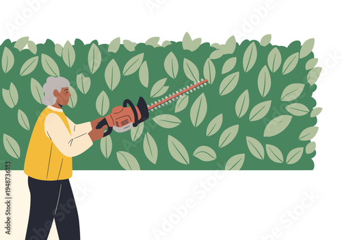 A mature man trims a lush hedge with an electric hedge trimmer. A vibrant green backdrop highlights the garden care activity. Professional gardening scene.