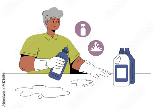 A mature man safely cleans with chemicals, wearing gloves and protective gear. Focus on hazard awareness and cleaning safety. Clean, modern illustration.