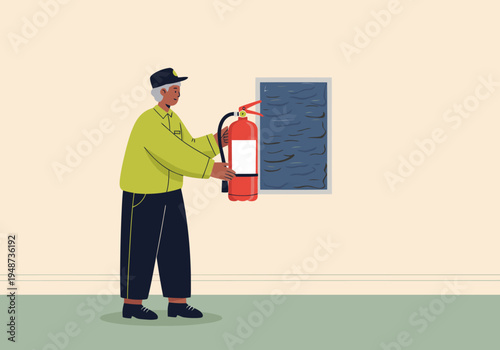 An older professional inspects a fire extinguisher, demonstrating safety procedures. Clear, bright illustration for workplace safety visuals.