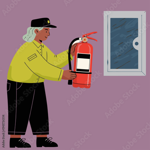 A professional inspects a fire extinguisher, ensuring safety. Clean, modern illustration with a focus on visual clarity and a bright, neutral background. Suitable for safety and training materials.