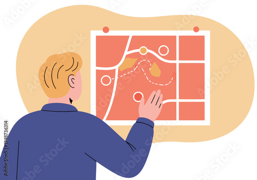 A professional man studies an office evacuation plan, pointing to a map. Clear, modern illustration with a focus on safety and preparedness. Bright, inviting style.