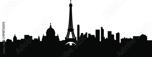 Paris skyline silhouette illustration, Eiffel Tower cityscape design, iconic architecture artwork, historical modern building concept, travel landmark scene, cad drawing flat vector illustration