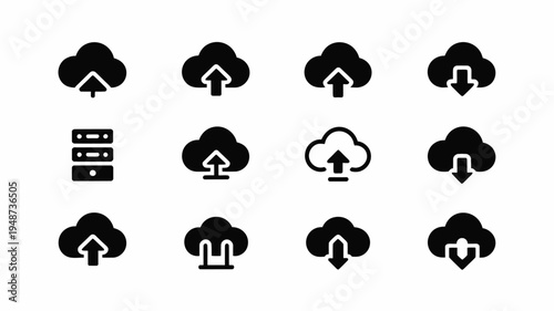 Minimalist cloud storage icons set with upload download symbols
