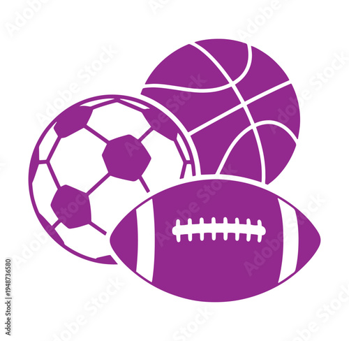 Three sports balls including soccer ball basketball and American football in purple