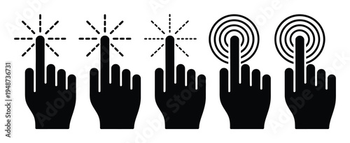 Five black hand with different touch indicators, representing interaction and selection