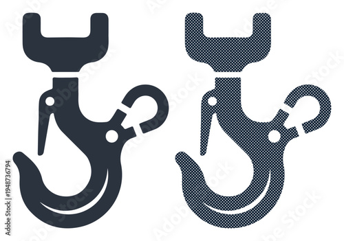 Two industrial metal hooks for lifting and securing heavy loads, viewed from the side.