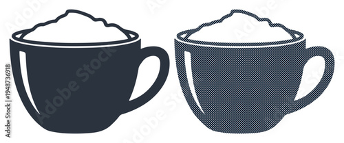 Two dark blue cups filled with whipped cream, simple and appealing graphic design.