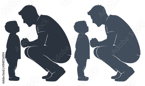 Silhouette of father and son sharing a tender moment, connecting at eye level.