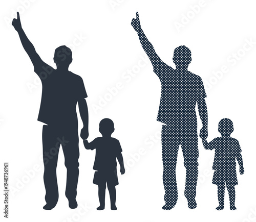 Father and child pointing upwards together, symbolizing guidance and aspiration.