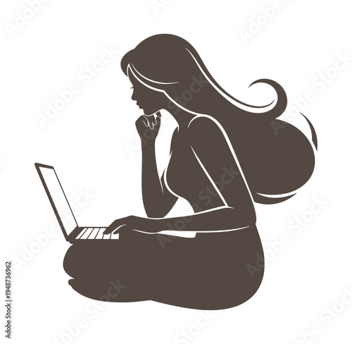 woman sitting crosslegged with laptop on floor looking thoughtful  female silhouette