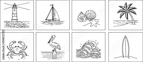 A collection of detailed black and white illustrations depicting various beach and ocean themes Vector