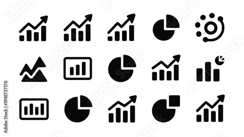 Bundle of black data analysis and statistics icons on white background including graphs charts and pie charts for business and finance concepts