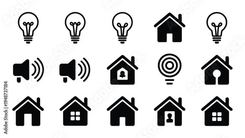 Smart home icons set with light bulbs and house silhouettes for technology and automation concepts