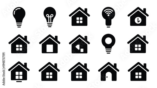 Smart home icons set with house and light bulb symbols for automation technology