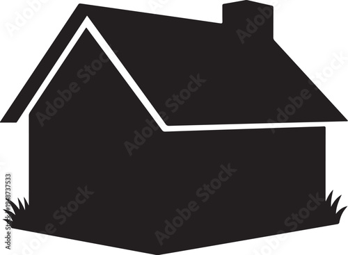 Black House Silhouette Icon with Chimney and Grass Isolated on White