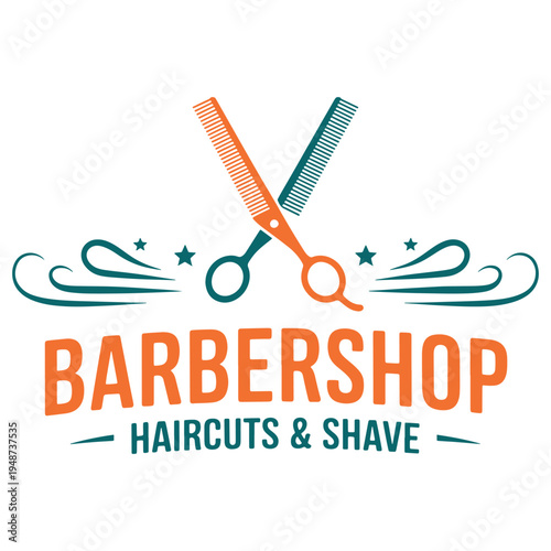 A vibrant barbershop logo featuring crossed scissors and comb with a modern and professional style