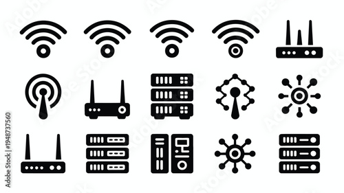 Bundle of internet network icons including wifi symbols and server routers on white background for tech and connectivity concepts