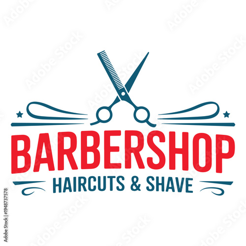 A professional barbershop logo design featuring scissors and a comb with bold red and blue text