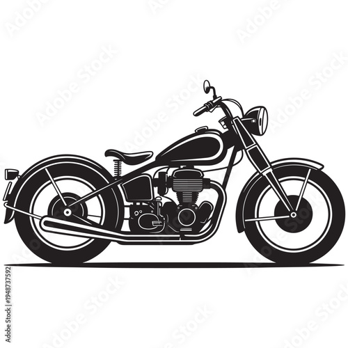 A minimalist black and white vector illustration of a classic vintage style cruiser motorcycle