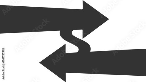 Two large dark gray arrows pointing in opposite directions with a curved S-shape connecting them, representing exchange concept